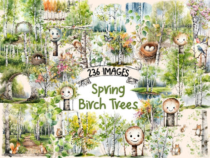 Spring Birch Trees Watercolor Clipart birch tree printable - Wonders Artist