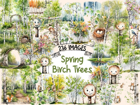 Spring Birch Trees Watercolor Clipart birch tree printable - Wonders Artist