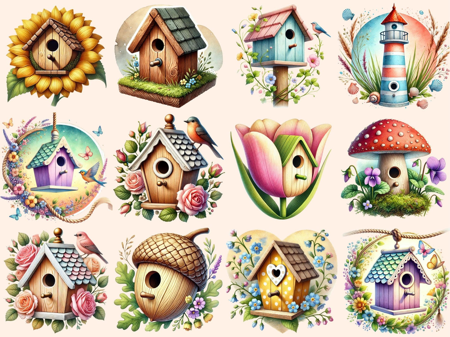 Spring Birdhouses (P1) Clipart - High - Quality Instant Digital Download for Creative Projects