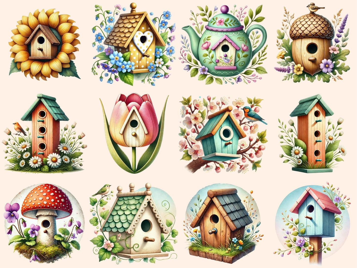 Spring Birdhouses (P1) Clipart - High - Quality Instant Digital Download for Creative Projects