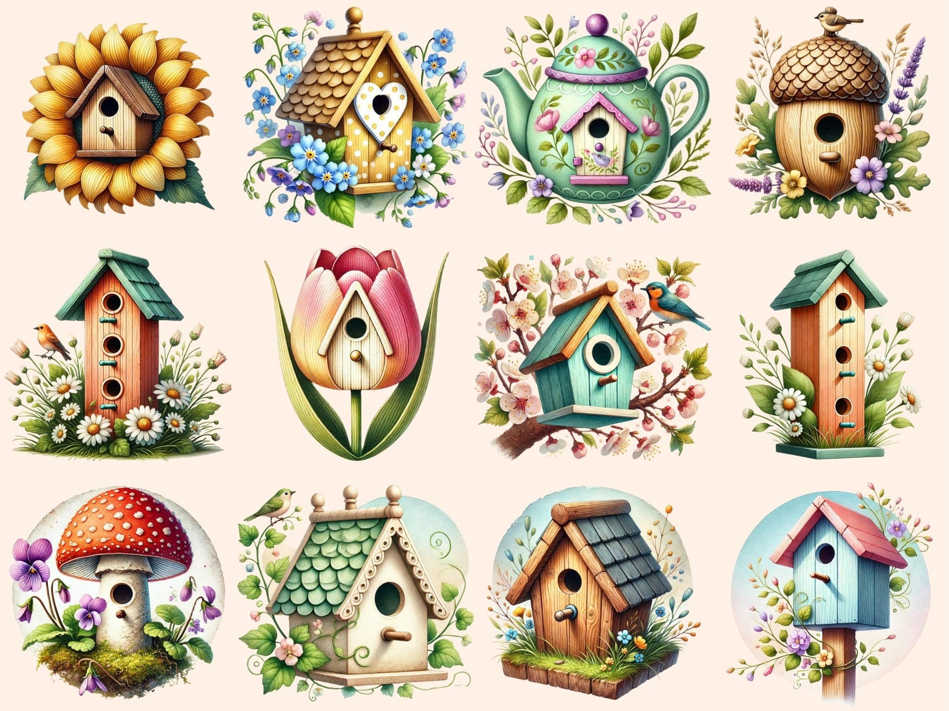 Spring Birdhouses (P1) Clipart - High - Quality Instant Digital Download for Creative Projects