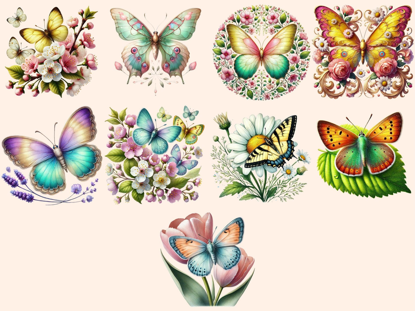 Spring Butterflies (P1) Clipart - High - Quality Instant Digital Download for Creative Projects