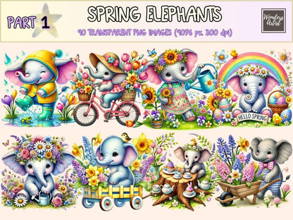 Spring Elephants Clipart baby elephant art bunny elephant png cute elephant png - WondersArtist