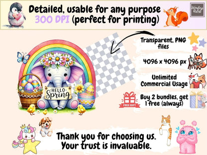 Spring Elephants Clipart baby elephant art bunny elephant png cute elephant png - WondersArtist