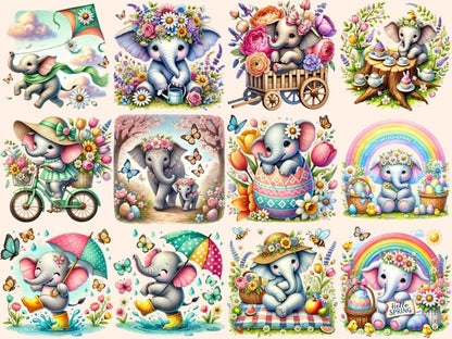 Spring Elephants Clipart baby elephant art bunny elephant png cute elephant png - WondersArtist