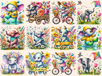 Spring Elephants Clipart baby elephant art bunny elephant png cute elephant png - WondersArtist