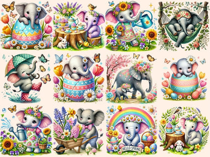 Spring Elephants Clipart baby elephant art bunny elephant png cute elephant png - WondersArtist