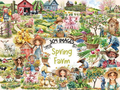 Spring Farm Watercolor Clipart - High - Quality Instant Digital Download for Creative Projects