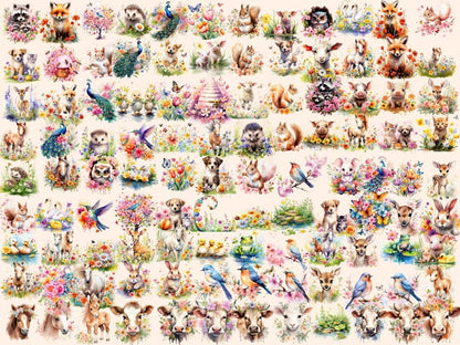 Spring Floral Animals Watercolor Clipart animal clipart - Wonders Artist