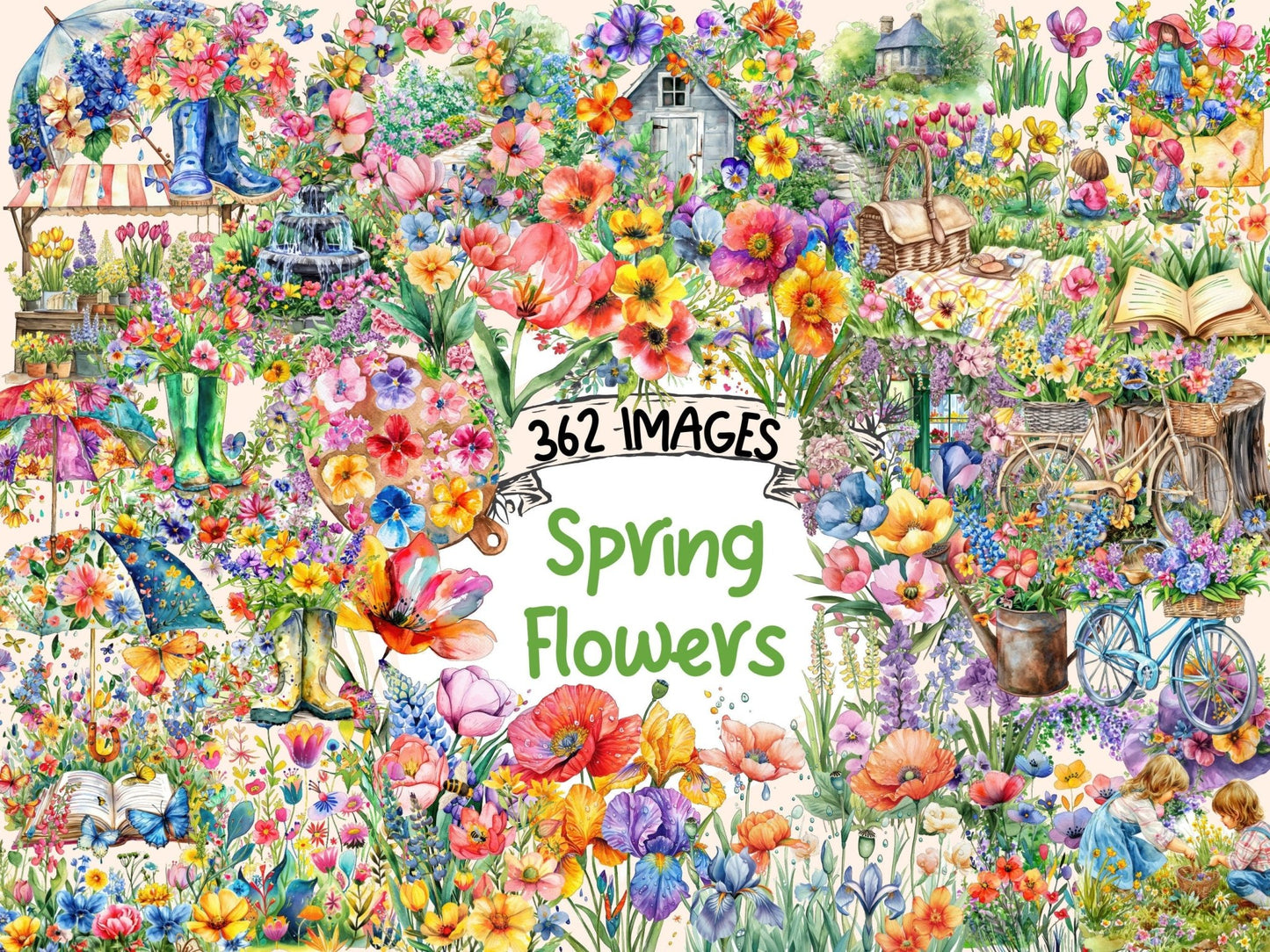 Spring Flowers Watercolor Clipart - High - Quality Instant Digital Download for Creative Projects