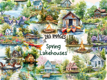 Spring Lakehouses Watercolor Clipart lake clipart - Wonders Artist