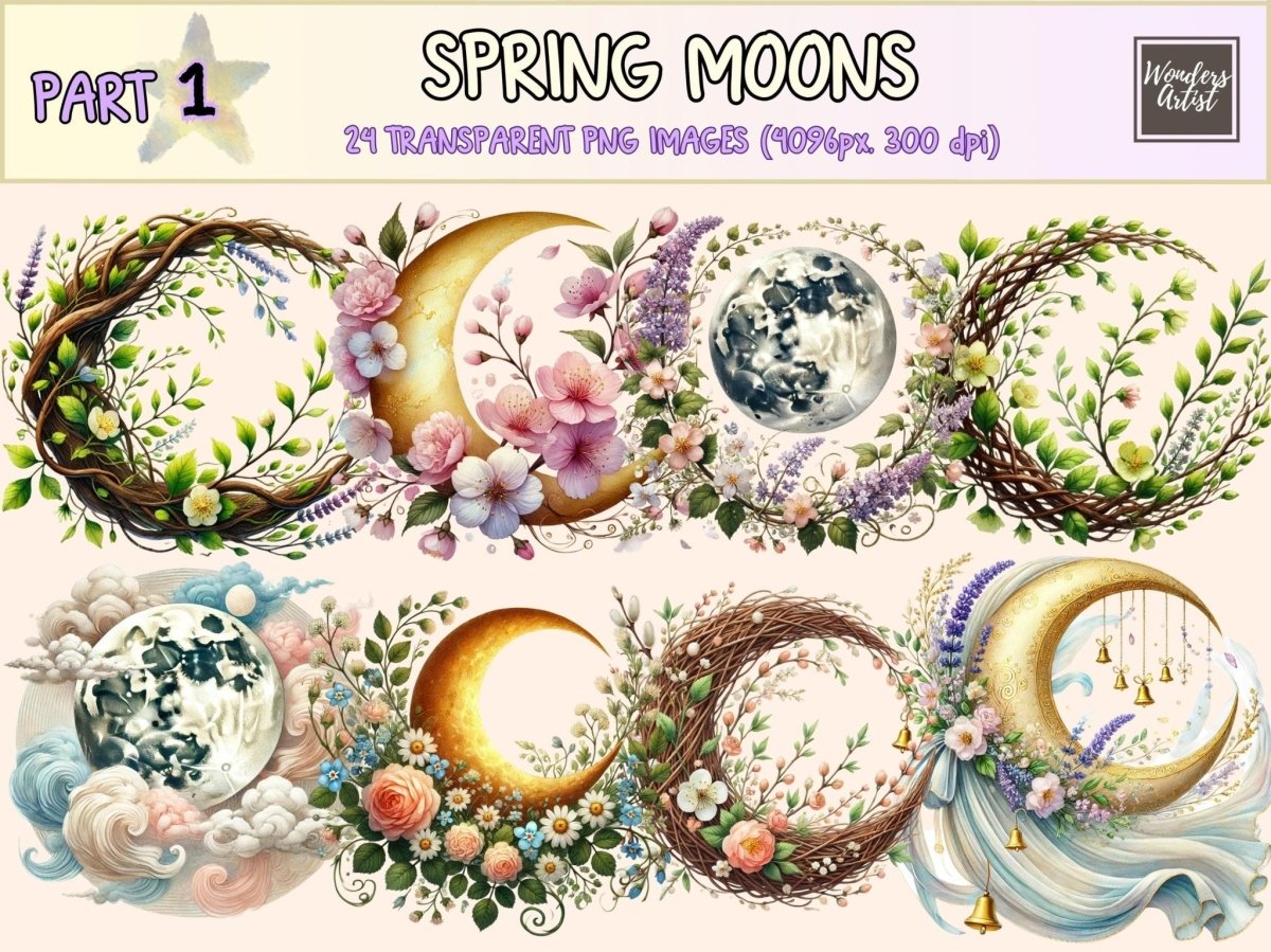 Spring Moons (P1) Clipart boho moon clipart - Wonders Artist