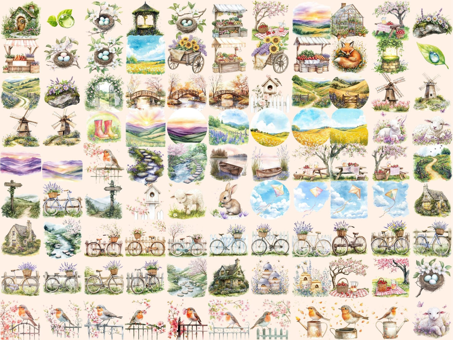 Spring Valley Watercolor Clipart - High - Quality Instant Digital Download for Creative Projects