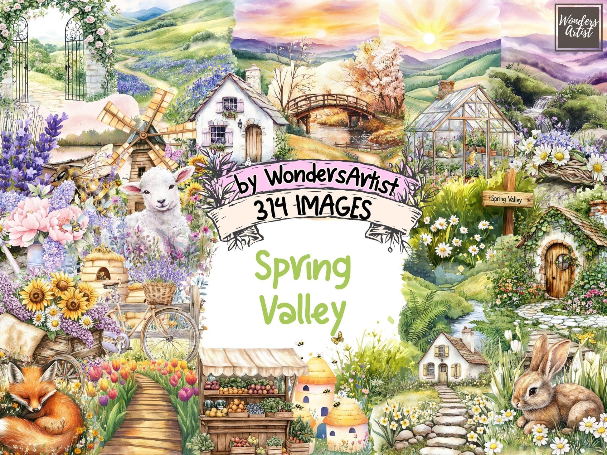 Spring Valley Watercolor Clipart - High - Quality Instant Digital Download for Creative Projects