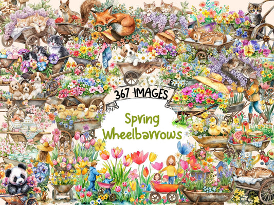 Spring Wheelbarrows Watercolor Clipart - High - Quality Instant Digital Download for Creative Projects