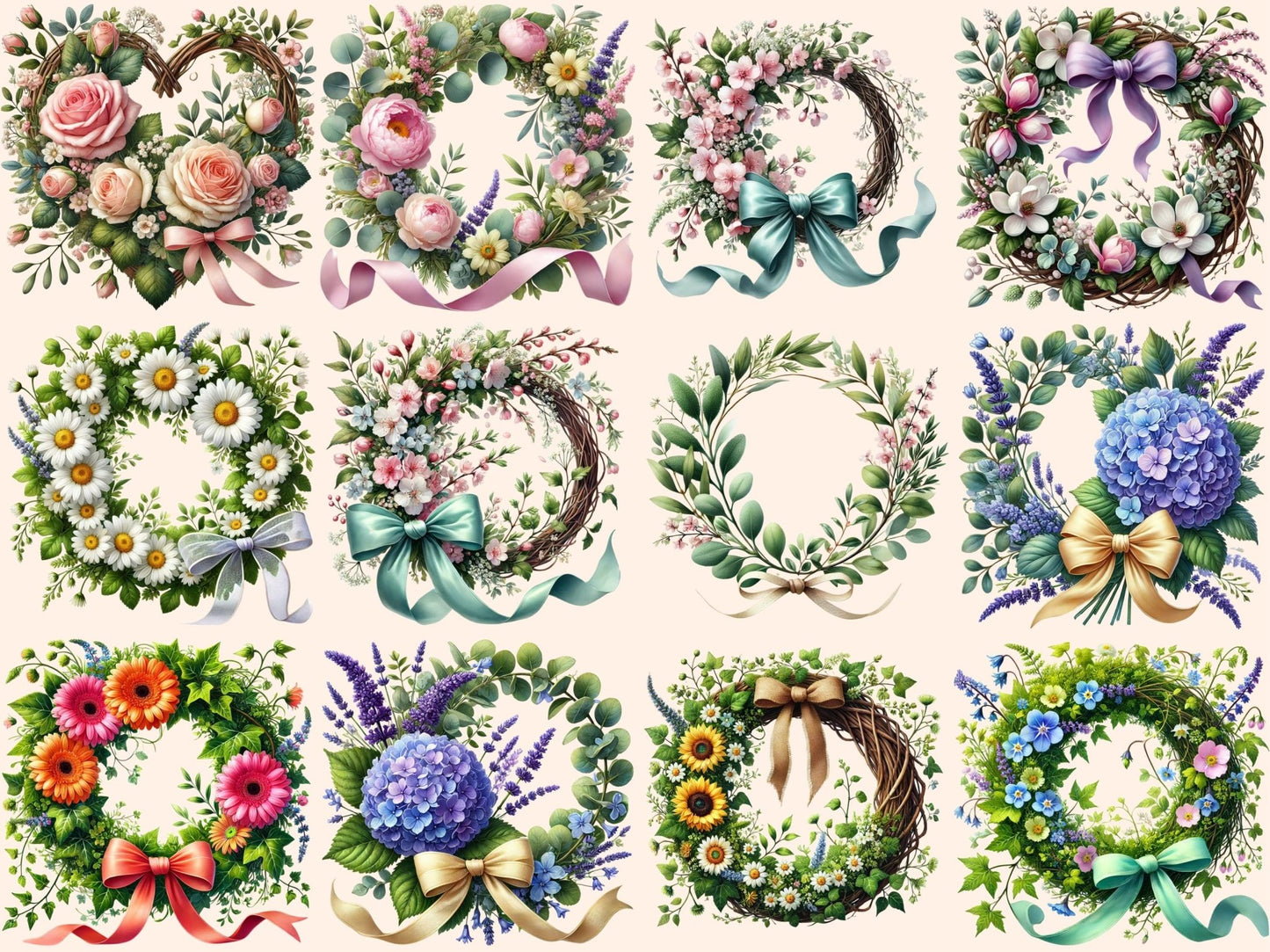 Spring Wreaths (P1) Clipart - High - Quality Instant Digital Download for Creative Projects