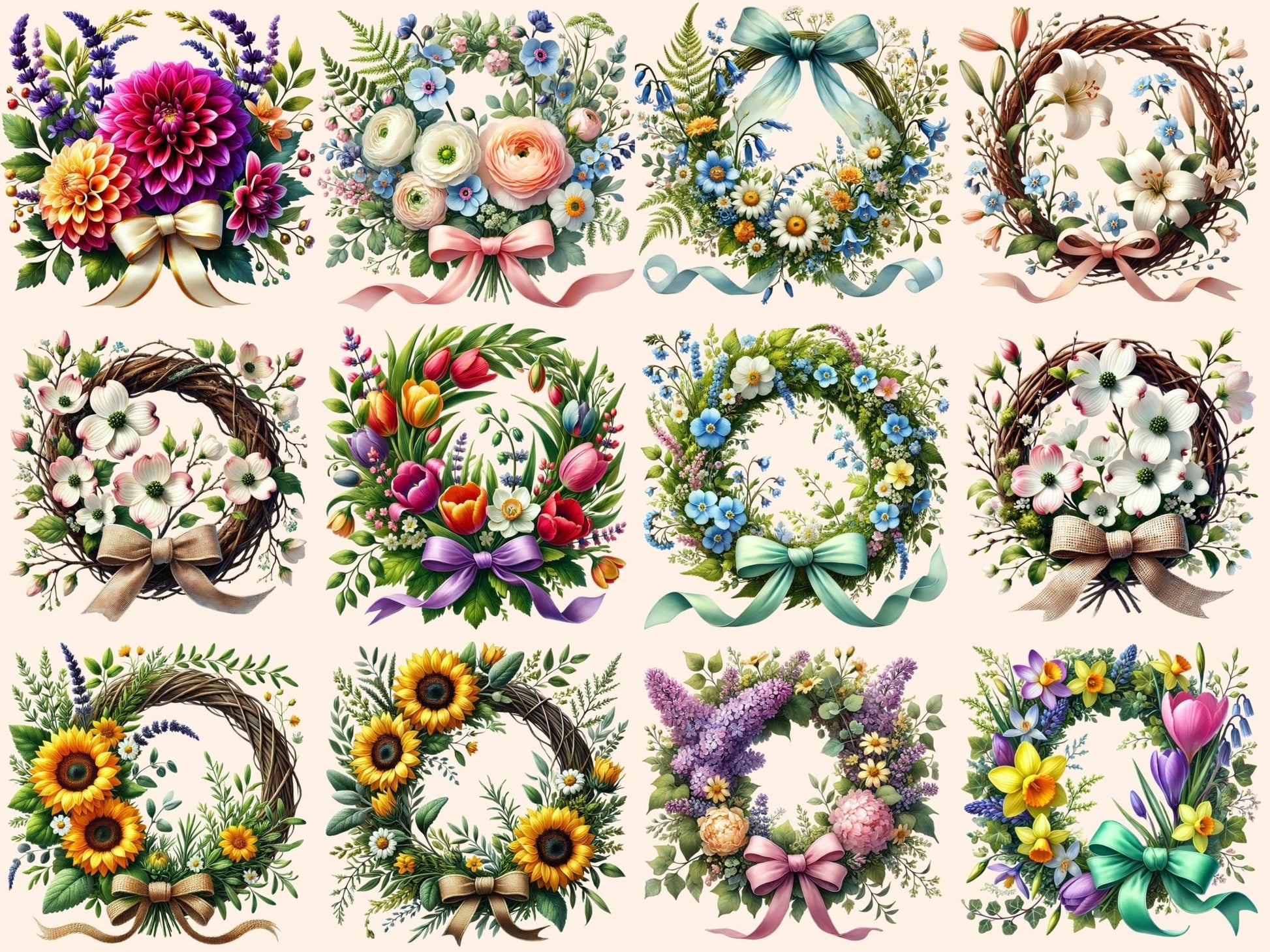 Spring Wreaths (P2) Clipart - High - Quality Instant Digital Download for Creative Projects