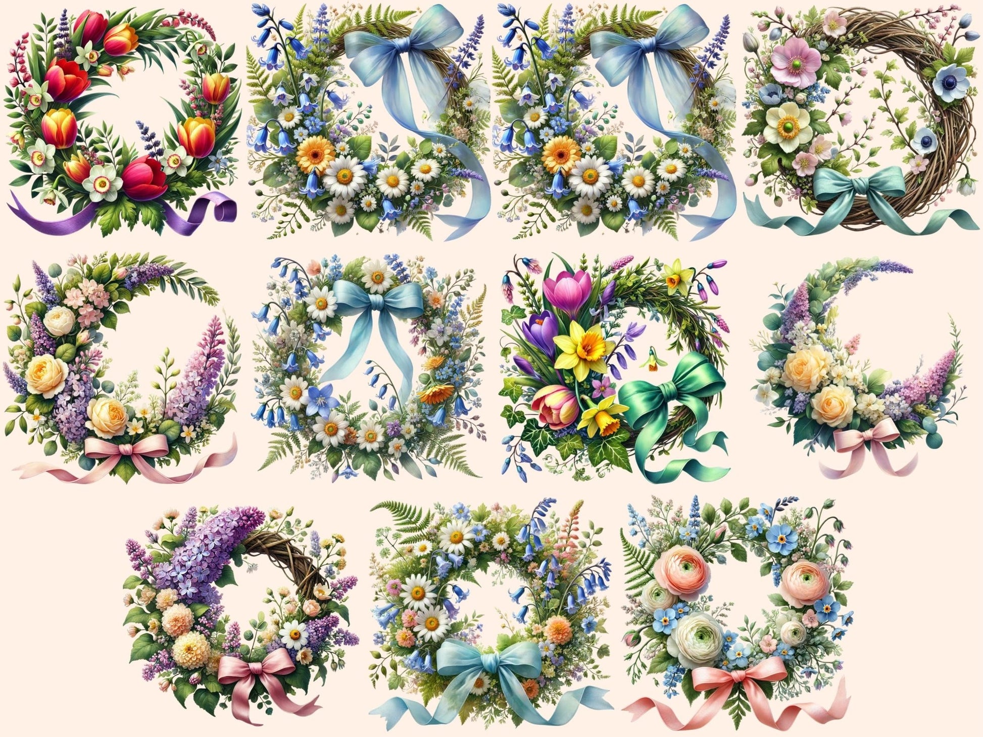 Spring Wreaths (P2) Clipart - High - Quality Instant Digital Download for Creative Projects