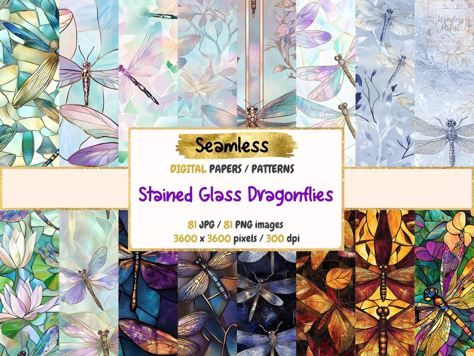 Stained Glass Dragonflies Seamless Digital Paper - High - Quality Instant Digital Download for Creative Projects