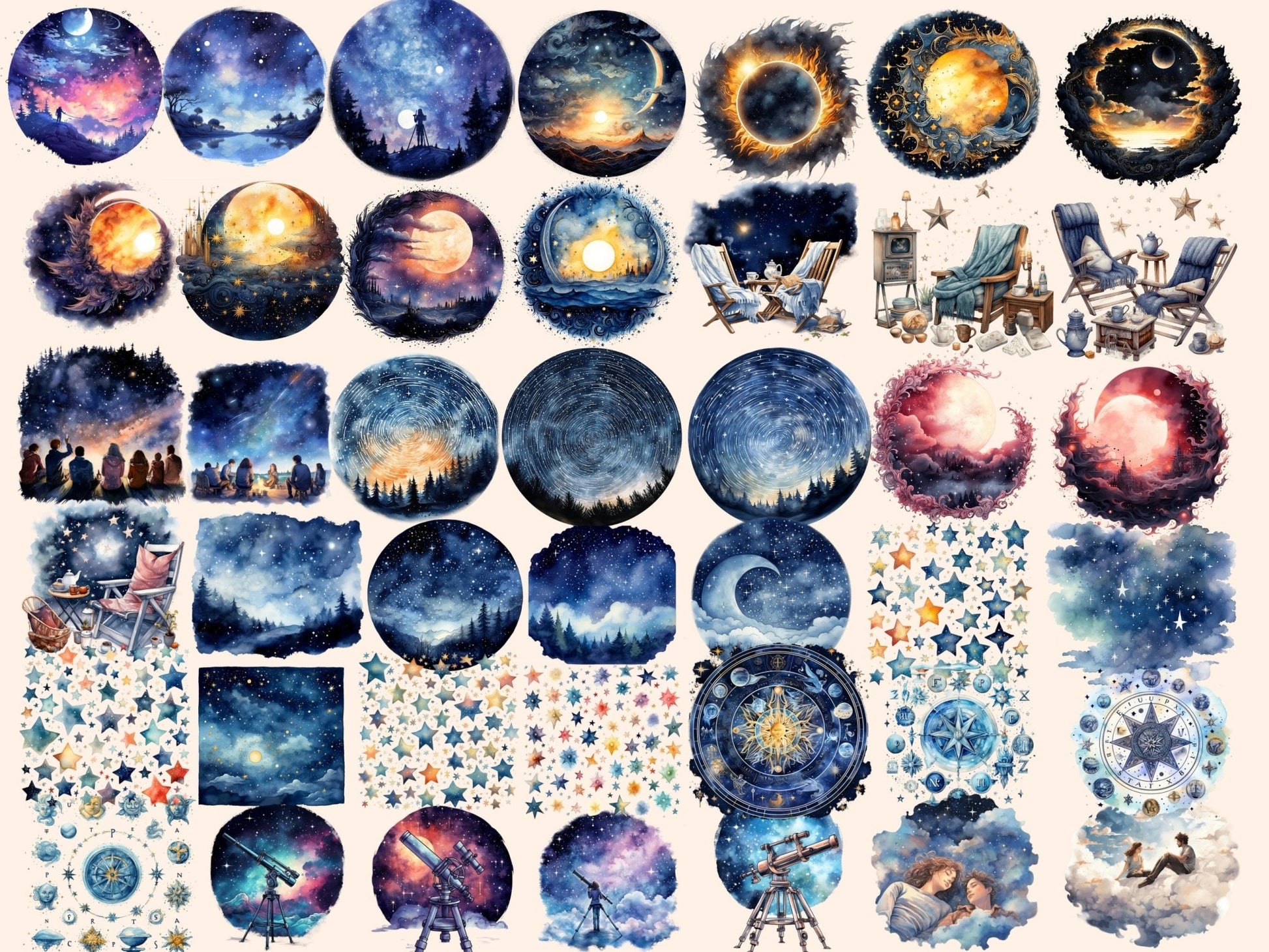 Stargazing Watercolor Clipart - High - Quality Instant Digital Download for Creative Projects