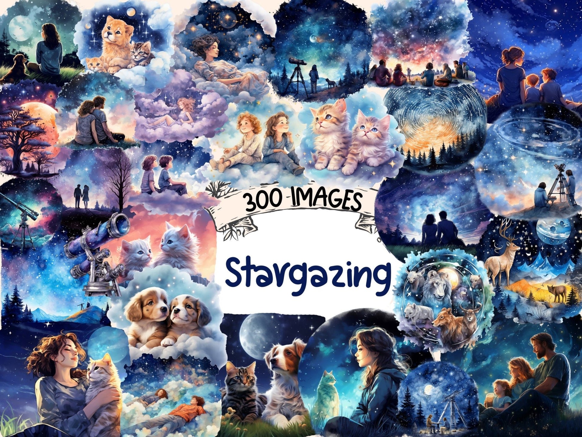 Stargazing Watercolor Clipart - High - Quality Instant Digital Download for Creative Projects