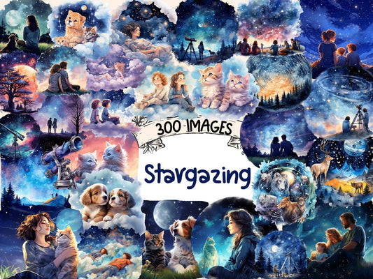 Stargazing Watercolor Clipart - High - Quality Instant Digital Download for Creative Projects