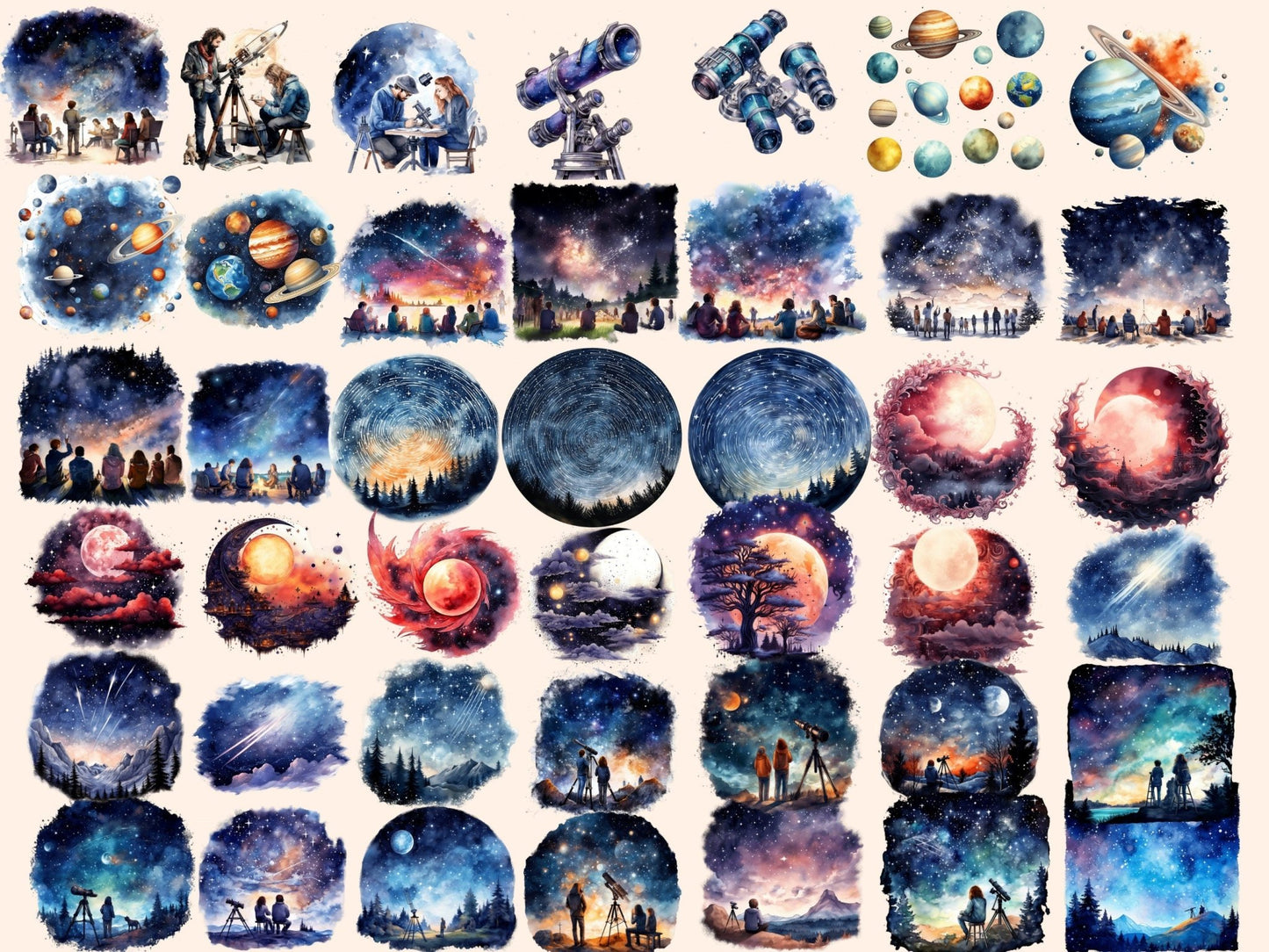 Stargazing Watercolor Clipart - High - Quality Instant Digital Download for Creative Projects