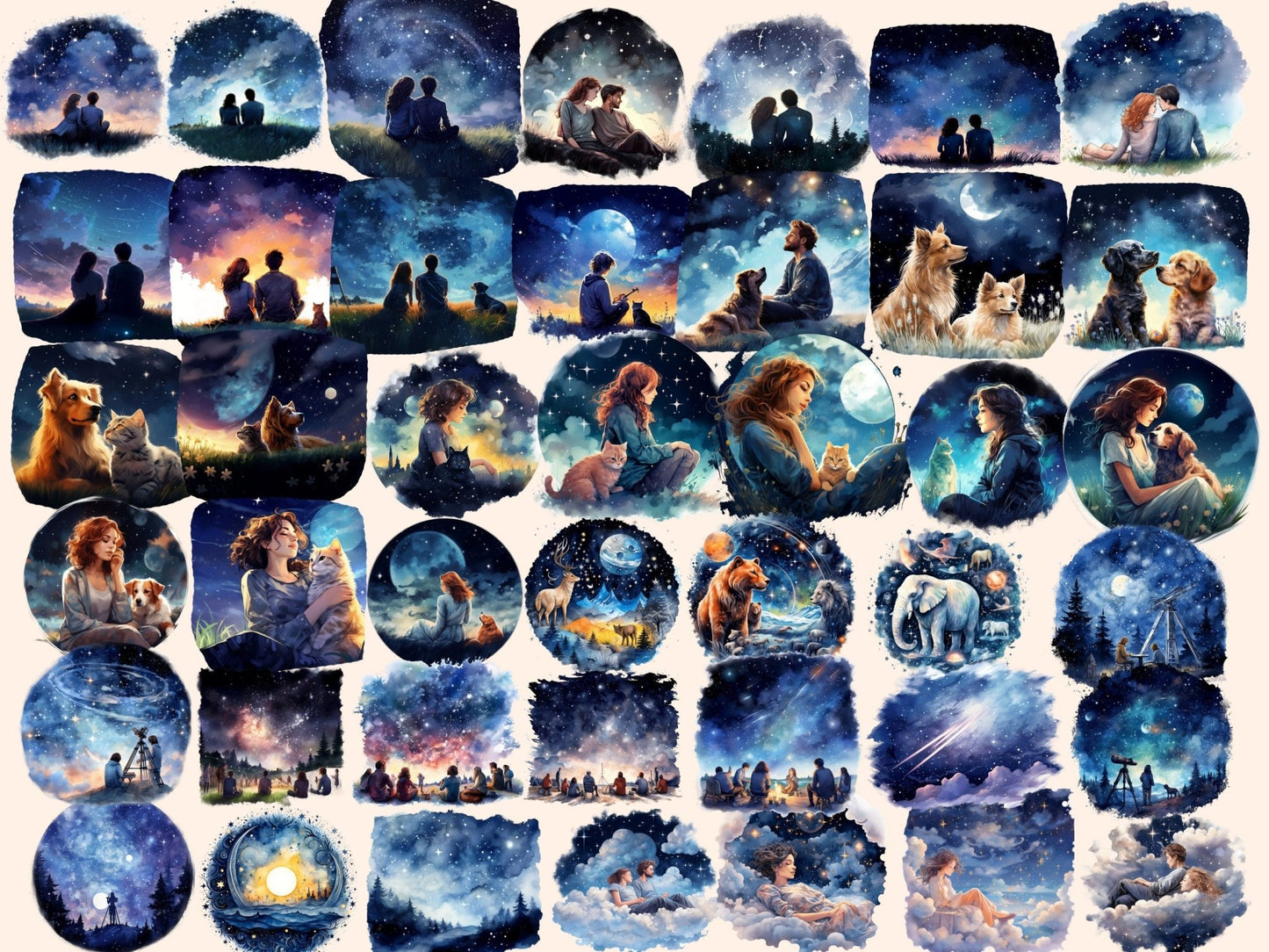 Stargazing Watercolor Clipart - High - Quality Instant Digital Download for Creative Projects