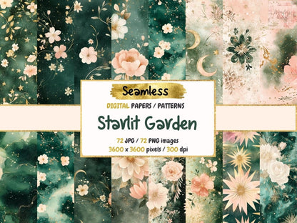 Starlit Garden Seamless Pattern Digital Papers cosmic botanicals - Wonders Artist
