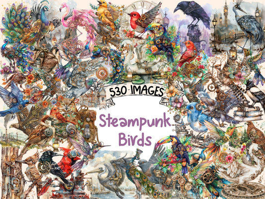 Steampunk Birds Watercolor Clipart - High - Quality Instant Digital Download for Creative Projects