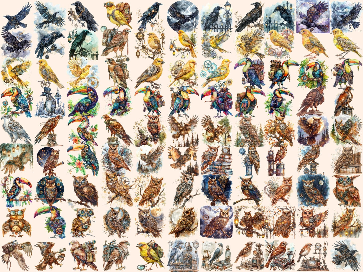 Steampunk Birds Watercolor Clipart - High - Quality Instant Digital Download for Creative Projects