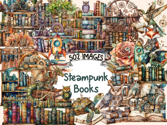 Steampunk Books Watercolor Clipart - High - Quality Instant Digital Download for Creative Projects