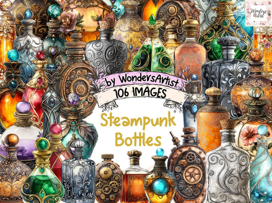 Steampunk Bottles Watercolor Clipart Bundle - High - Quality Instant Digital Download for Creative Projects