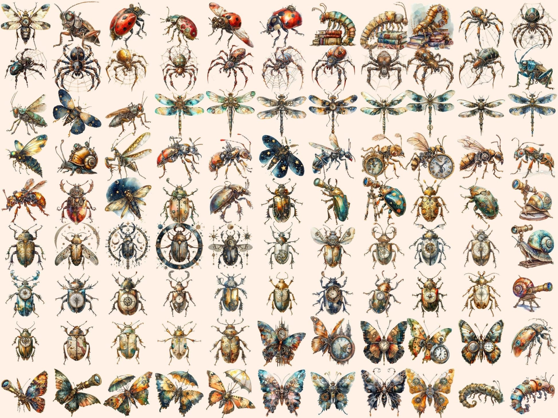 Steampunk Bugs Watercolor Clipart - High - Quality Instant Digital Download for Creative Projects