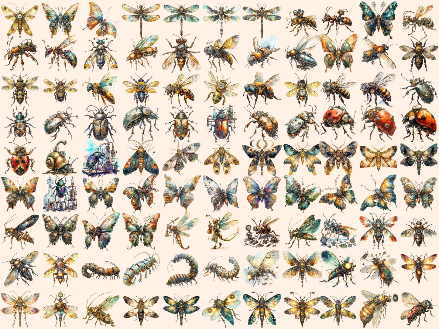 Steampunk Bugs Watercolor Clipart - High - Quality Instant Digital Download for Creative Projects