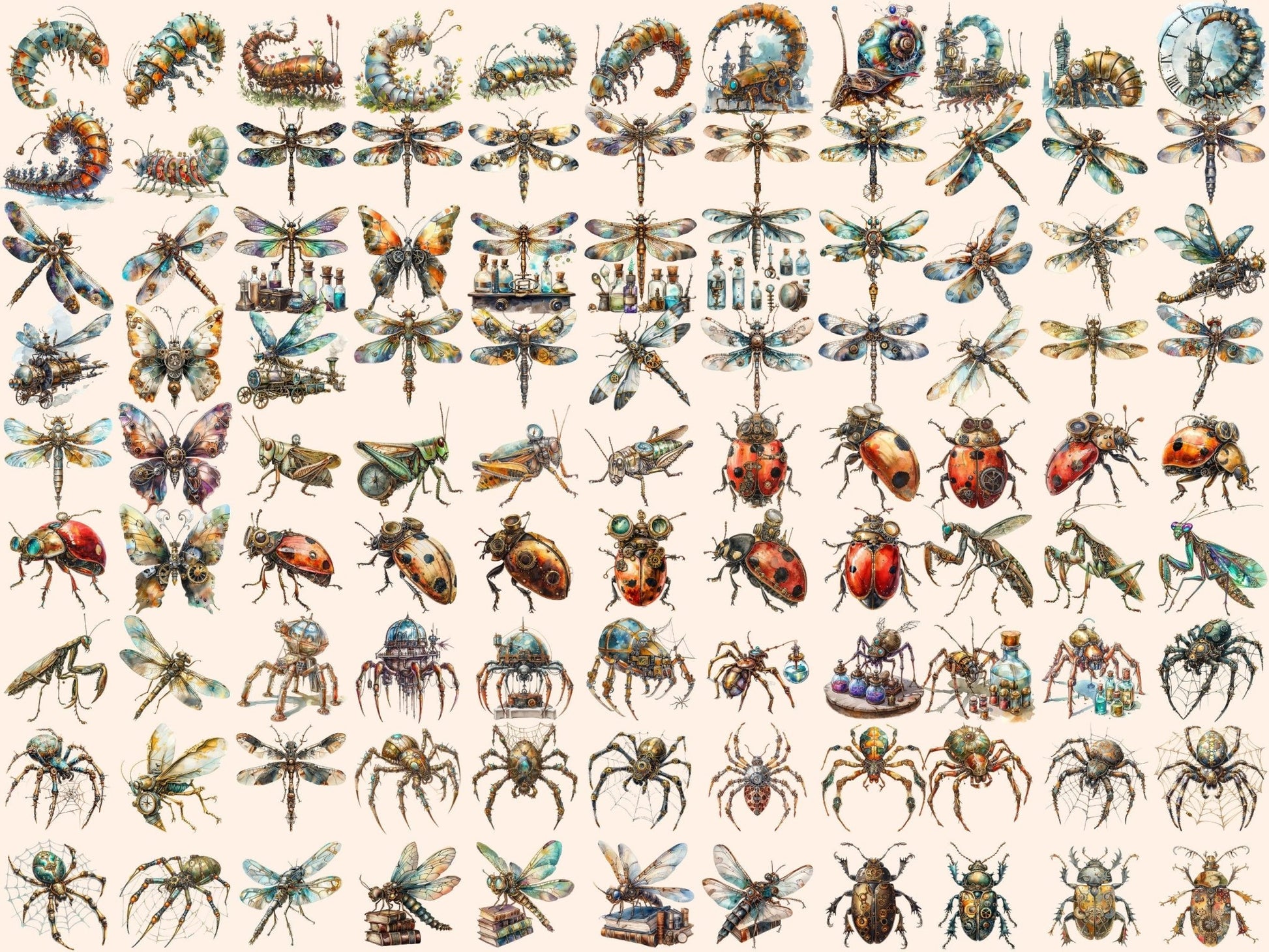 Steampunk Bugs Watercolor Clipart - High - Quality Instant Digital Download for Creative Projects