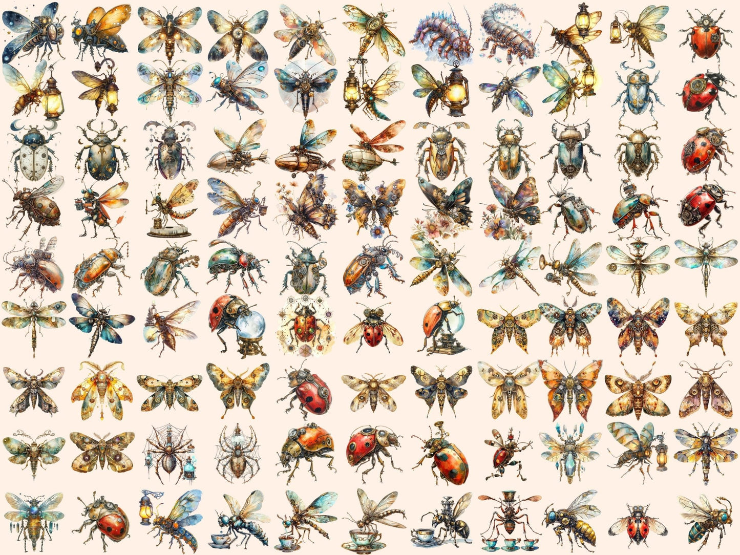 Steampunk Bugs Watercolor Clipart - High - Quality Instant Digital Download for Creative Projects