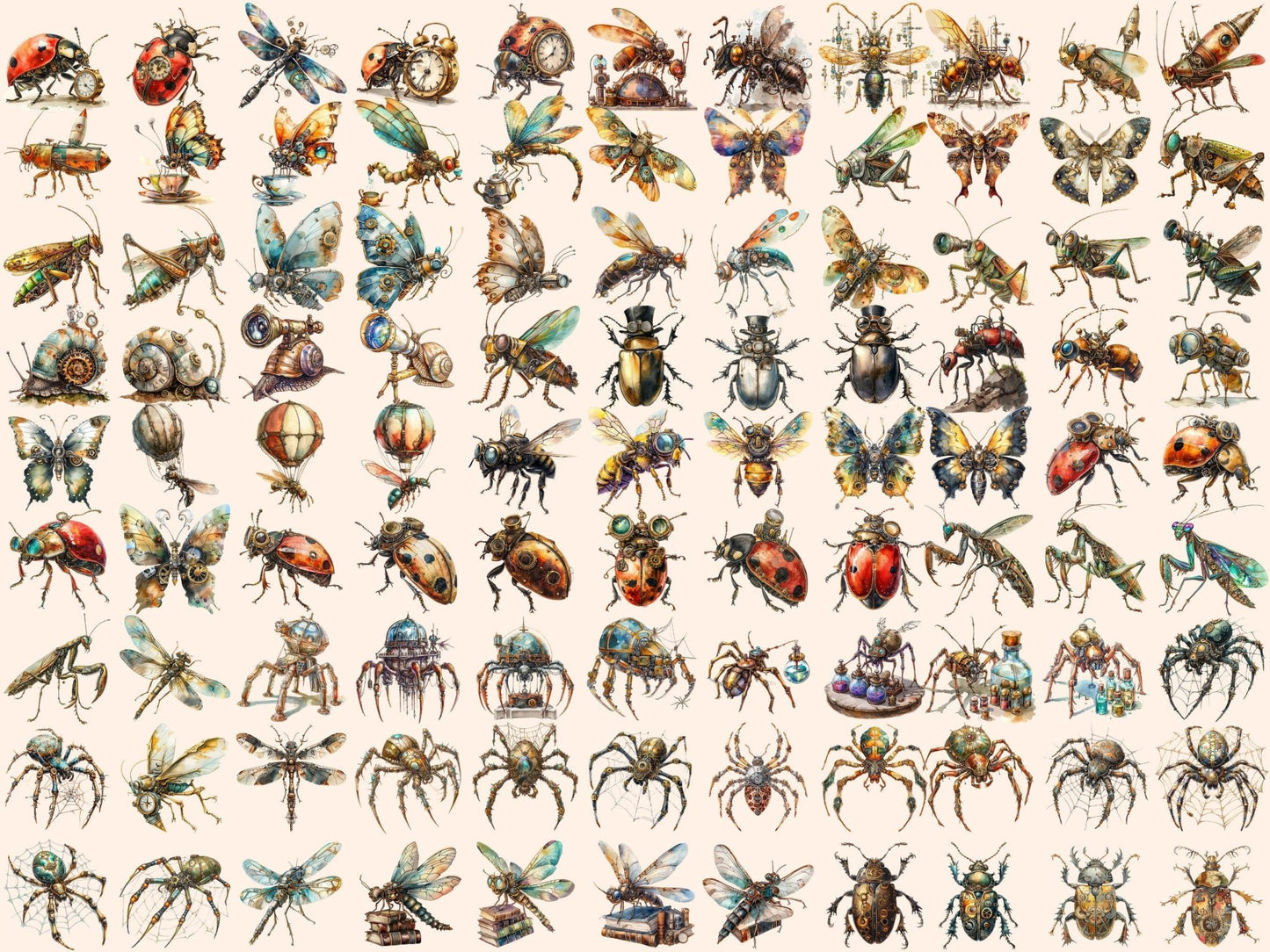 Steampunk Bugs Watercolor Clipart - High - Quality Instant Digital Download for Creative Projects