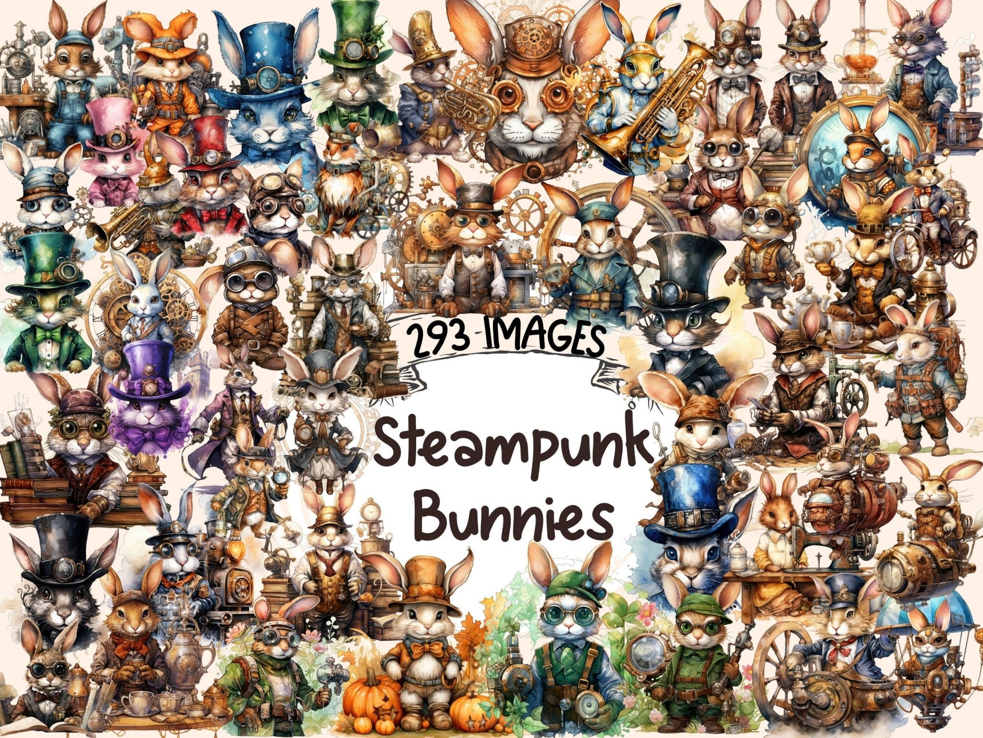 Steampunk Bunnies Watercolor Clipart - High - Quality Instant Digital Download for Creative Projects