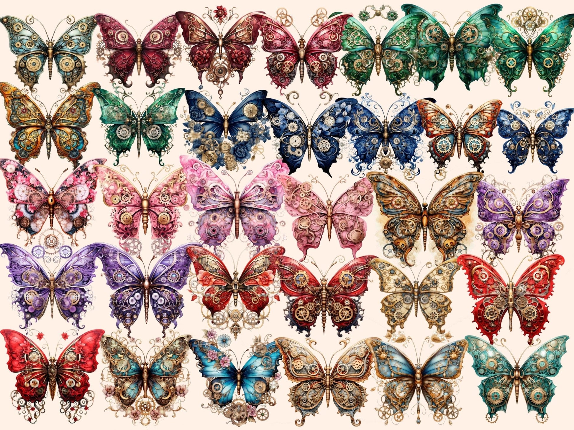 Steampunk Butterflies Watercolor Clipart - High - Quality Instant Digital Download for Creative Projects