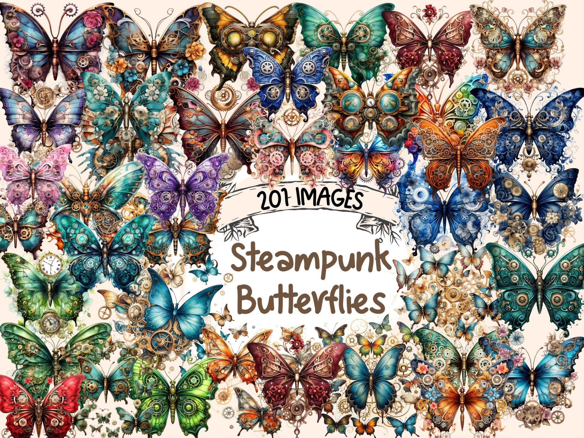 Steampunk Butterflies Watercolor Clipart - High - Quality Instant Digital Download for Creative Projects