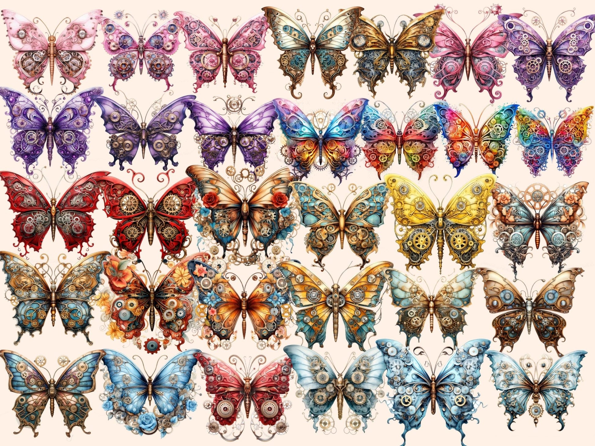 Steampunk Butterflies Watercolor Clipart - High - Quality Instant Digital Download for Creative Projects