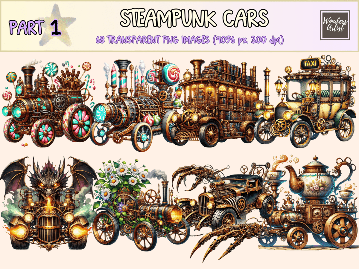 Steampunk Cars Clipart autopost fantasy car design mechanical artwork - WondersArtist