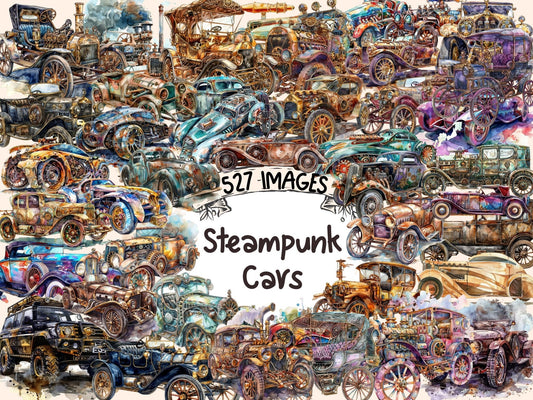 Steampunk Cars Watercolor Clipart - High - Quality Instant Digital Download for Creative Projects