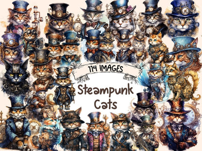 Steampunk Cats Watercolor Clipart cat clipart - Wonders Artist