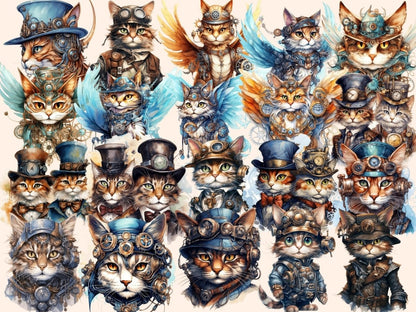 Steampunk Cats Watercolor Clipart cat clipart - Wonders Artist