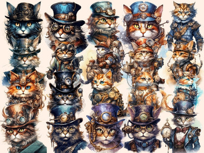 Steampunk Cats Watercolor Clipart cat clipart - Wonders Artist