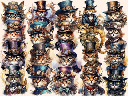 Steampunk Cats Watercolor Clipart cat clipart - Wonders Artist
