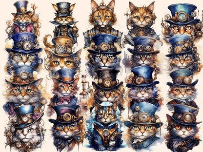 Steampunk Cats Watercolor Clipart cat clipart - Wonders Artist