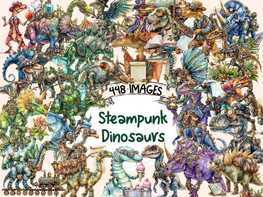 Steampunk Dinosaurs Watercolor Clipart - High - Quality Instant Digital Download for Creative Projects